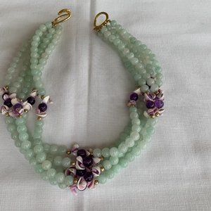 Beaded 4 Strand Green Stone Necklace with Purple and Shell Adornments